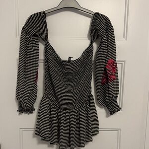 Elegant Striped Blouse with Floral Accents